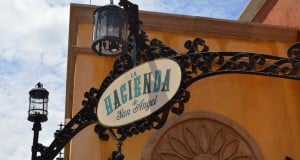 La Hacienda de San Angel's vibrant sign welcomes Epcot guests to dine by World Showcase Lagoon near La Cantina de San Angel.