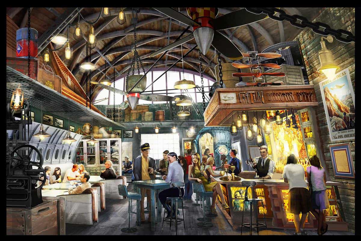Jock Lindsey’s Hangar Bar at Disney Springs features aviation decor, airplane relics, and a vibrant themed bar atmosphere.