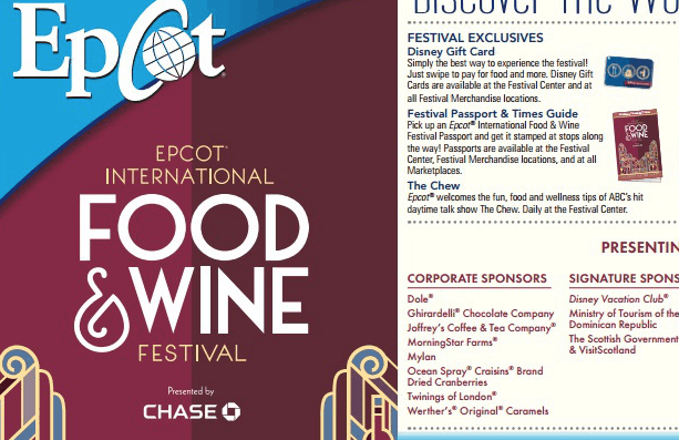 Epcot Food & Wine Festival 2015 flyer with event info, sponsor logos, and exclusive park map for Disney fans planning their visit.