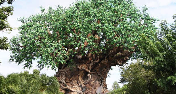 The Tree of Life at Disney’s Animal Kingdom, featuring carved animals and vibrant green leaves amid lush jungle scenery.