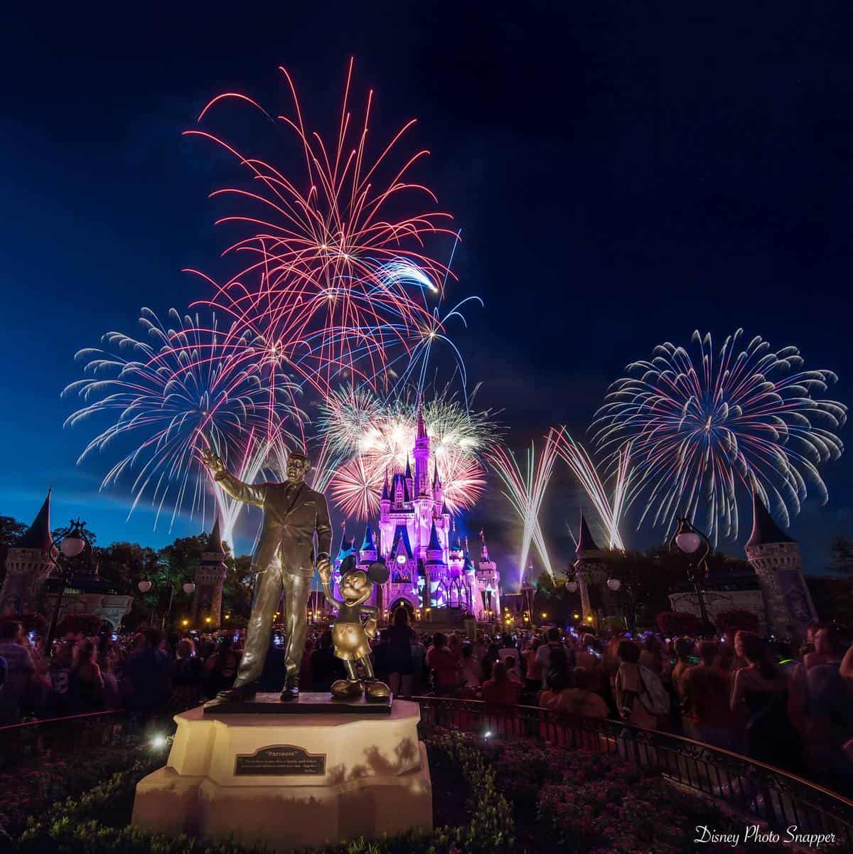 Spectacular fireworks light up Cinderella Castle at Walt Disney World, with excited guests and the Partners statue silhouetted at night.