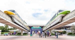 Disney World monorails glide above guests entering Magic Kingdom, passing under the iconic "Magic Kingdom Monorail" sign.