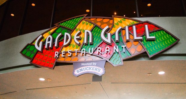 Vibrant Garden Grill Restaurant sign inside EPCOT, surrounded by lively decor—one of Disney World's top dining experiences.