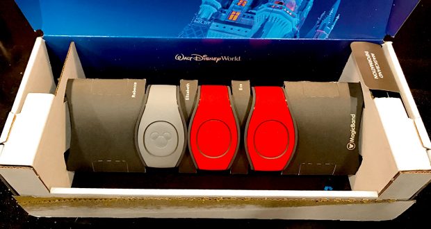 Box of four MagicBands accessories with a Disney castle and "Walt Disney World" logo, perfect for park-exclusive customization.