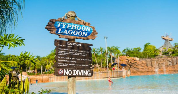 Typhoon Lagoon sign by the iconic wave pool, with palm trees and slides, welcomes guests to Disney World’s top water park adventure.