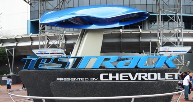 Test Track presented by Chevrolet greets guests at Epcot’s entrance, with visitors gathering to experience this Walt Disney World favorite.
