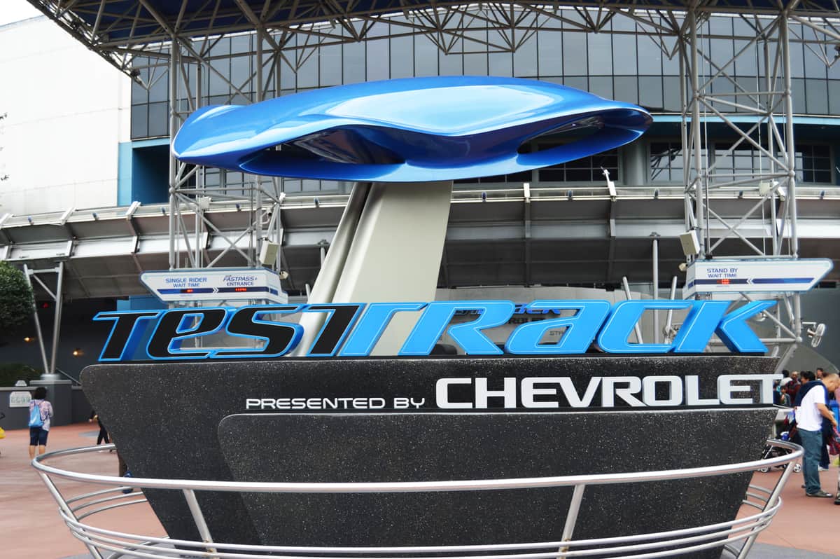 Test Track presented by Chevrolet greets guests at Epcot’s entrance, with visitors gathering to experience this Walt Disney World favorite.