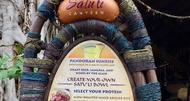 Satuli Canteen menu sign features create-your-own bowl and fresh protein picks, capturing Disney World’s immersive dining vibe.