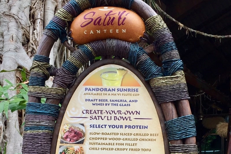 Satuli Canteen menu sign features create-your-own bowl and fresh protein picks, capturing Disney World’s immersive dining vibe.