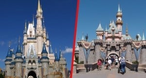Side-by-side view: Cinderella Castle at Magic Kingdom and Sleeping Beauty Castle at Disneyland, showcasing iconic differences in the sun.