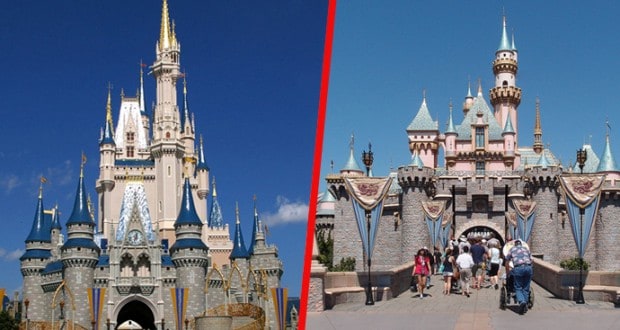 Side-by-side view: Cinderella Castle at Magic Kingdom and Sleeping Beauty Castle at Disneyland, showcasing iconic differences in the sun.