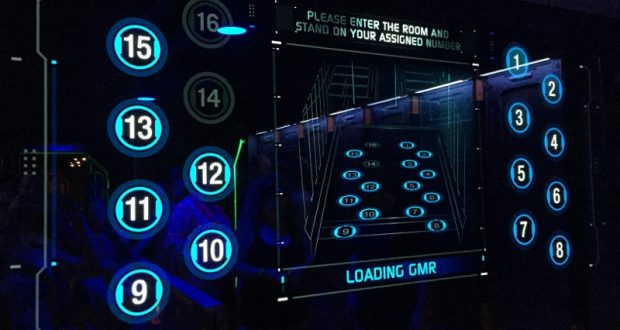 Blue digital board with numbered circles and room assignments, evoking the thrilling vibe of Disney World attraction entrances.
