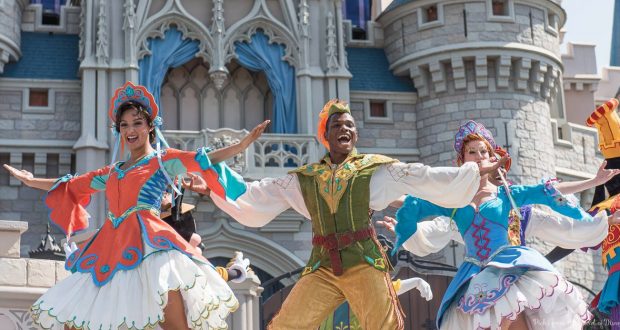 Vibrant performers light up Cinderella Castle stage, adding Disney magic and energy to the unforgettable Magic Kingdom show.