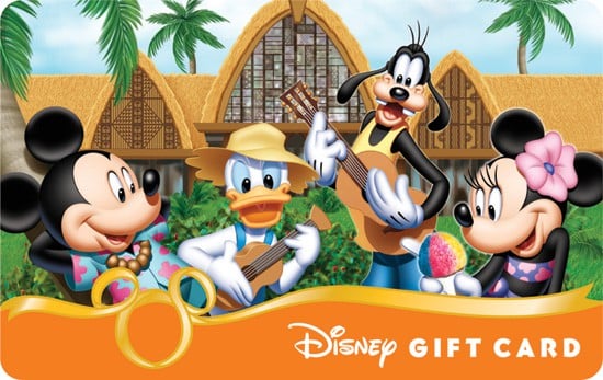 Mickey, Donald, Goofy, and Minnie jam with music and treats in front of a lush tropical building at Disney World. Gift Card.