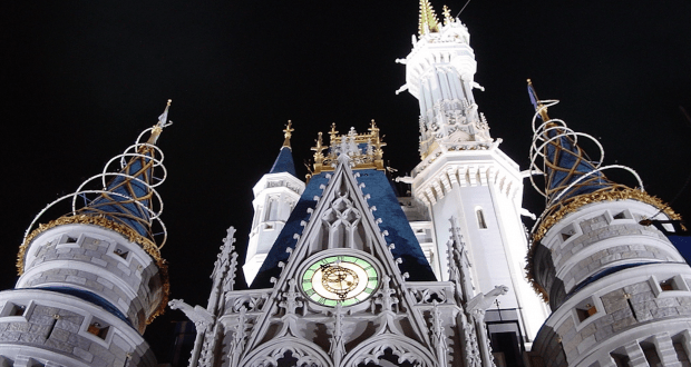 Cinderella Castle glowing at night in Magic Kingdom, with shimmering blue rooftops and golden spires enchanting Disney fans.