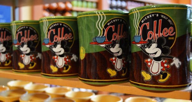 Mickey’s Really Swell Coffee mugs fill the shelf—must-have Disney World souvenirs for die-hard Mickey Mouse fans.