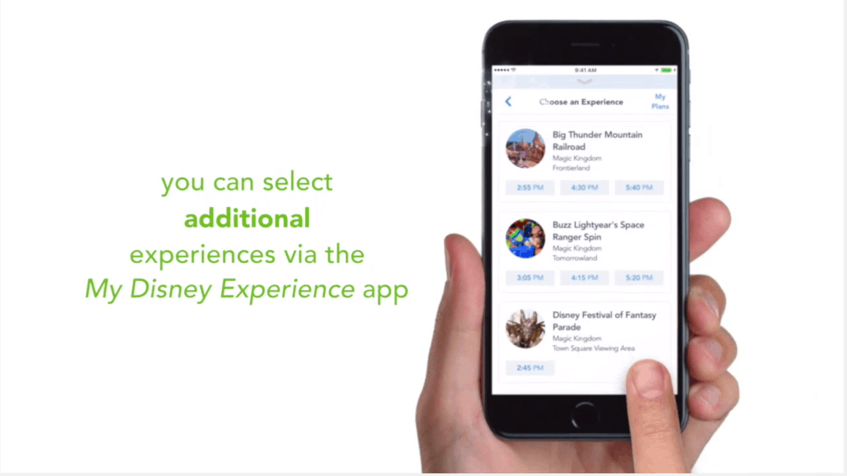 The My Disney Experience app open on a phone at Walt Disney World, ready to book new adventures and manage FastPass+ plans.