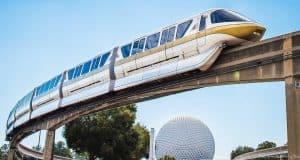 The iconic white and gold Disney World Monorail cruises past Spaceship Earth and lush trees, symbolizing seamless Park Hopper fun.
