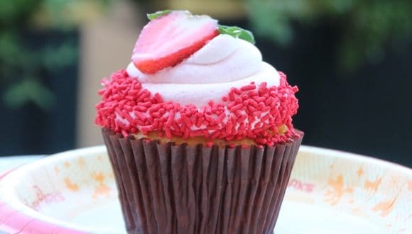 A Disney Parks cupcake topped with pink frosting, red sprinkles, and a strawberry slice, served on a paper plate.