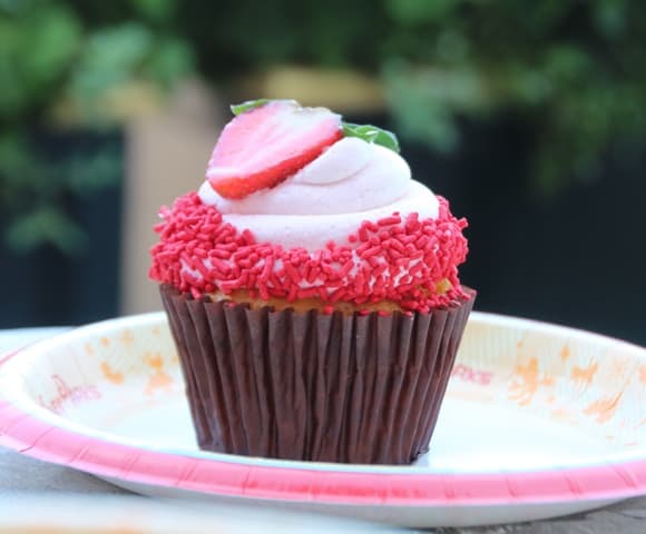 A Disney Parks cupcake topped with pink frosting, red sprinkles, and a strawberry slice, served on a paper plate.