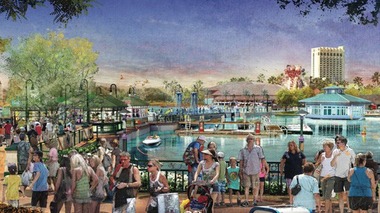 Guests explore a lively waterfront lined with shops and boats beneath a vibrant sky, capturing the energy of Disney World.