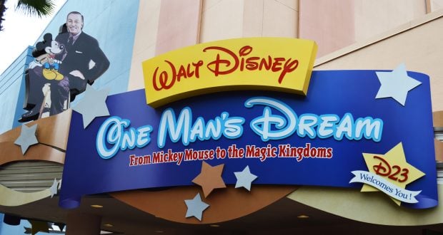One Man’s Dream" entrance sign at Disney World, with Mickey and Walt welcoming guests to begin a day of Disney inspiration.