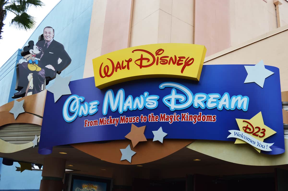 One Man’s Dream" entrance sign at Disney World, with Mickey and Walt welcoming guests to begin a day of Disney inspiration.