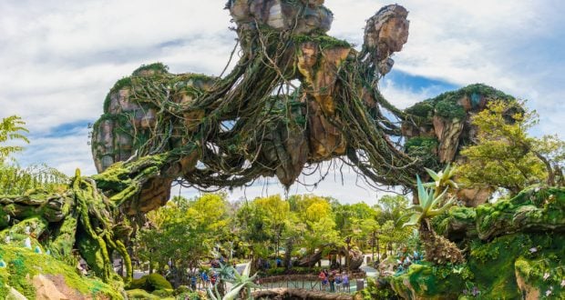 Pandora’s floating mountains draped in lush greenery rise above winding walkways at Disney’s Animal Kingdom.