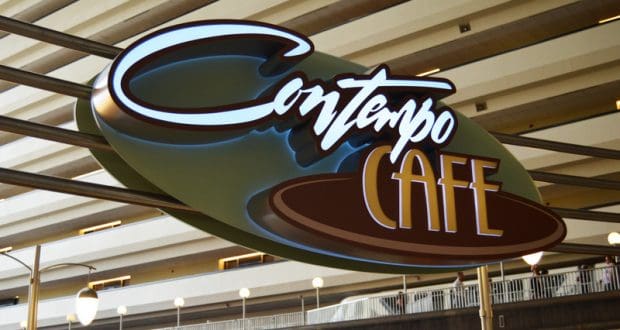 Contempo Café sign inside Disney’s Contemporary Resort, with glowing lights and balconies—a top Disney dining and hangout spot.