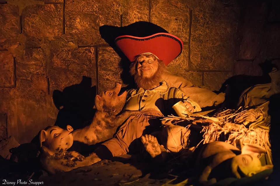 A Pirates of the Caribbean animatronic relaxes on hay with pigs under warm lighting, evoking classic Disney park charm.