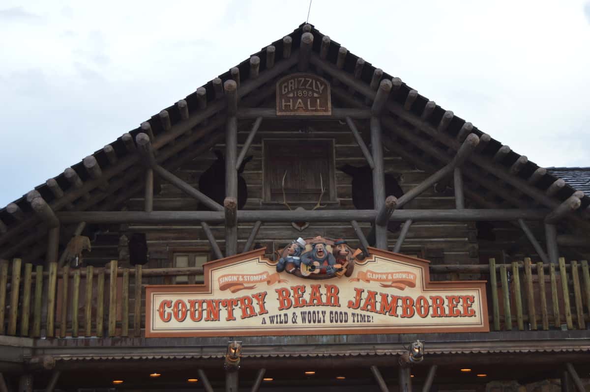 Grizzly Hall at Magic Kingdom displays the Country Bear Jamboree sign, inviting guests to this classic Disney entertainment gem.