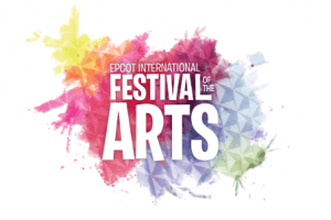 Epcot International Festival of the Arts logo with vibrant watercolor splashes and bold white lettering, showcasing Disney creativity.