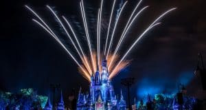Fireworks sparkle above Cinderella Castle, lighting up Magic Kingdom’s night sky as guests gather for an unforgettable Disney show.