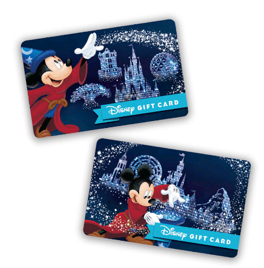 Two 2017 Disney Gift Cards show Mickey as the Sorcerer, surrounded by sparkling castle magic—pure Disney World enchantment.