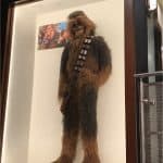 Chewbacca’s iconic costume showcased at Planet Hollywood in Walt Disney World, with a photo of Chewbacca displayed above.