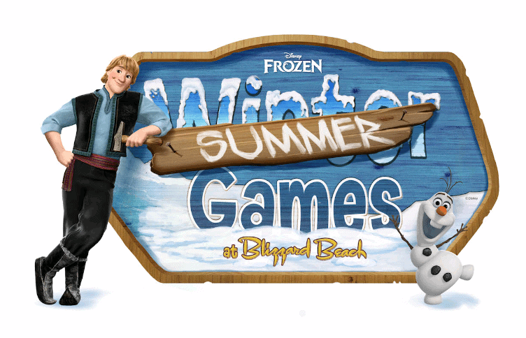 Kristoff and Olaf pose by a Frozen Winter Games sign altered for summer, celebrating the Frozen Summer Games at Blizzard Beach.