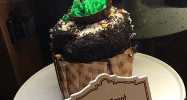 Baby Groot cookies and cream cupcake at Disney World, served on a white plate beside a price sign—an irresistible park treat.