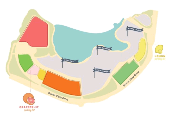 Disney Springs map showing parking options, main roads, and highlighted areas: Town Center, West Side, Marketplace, The Landing.