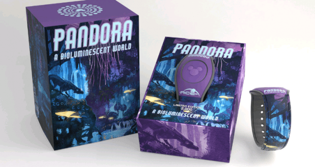 Pandora: The World of Avatar MagicBand at Walt Disney World, with a box showcasing glowing bioluminescent forest artwork.