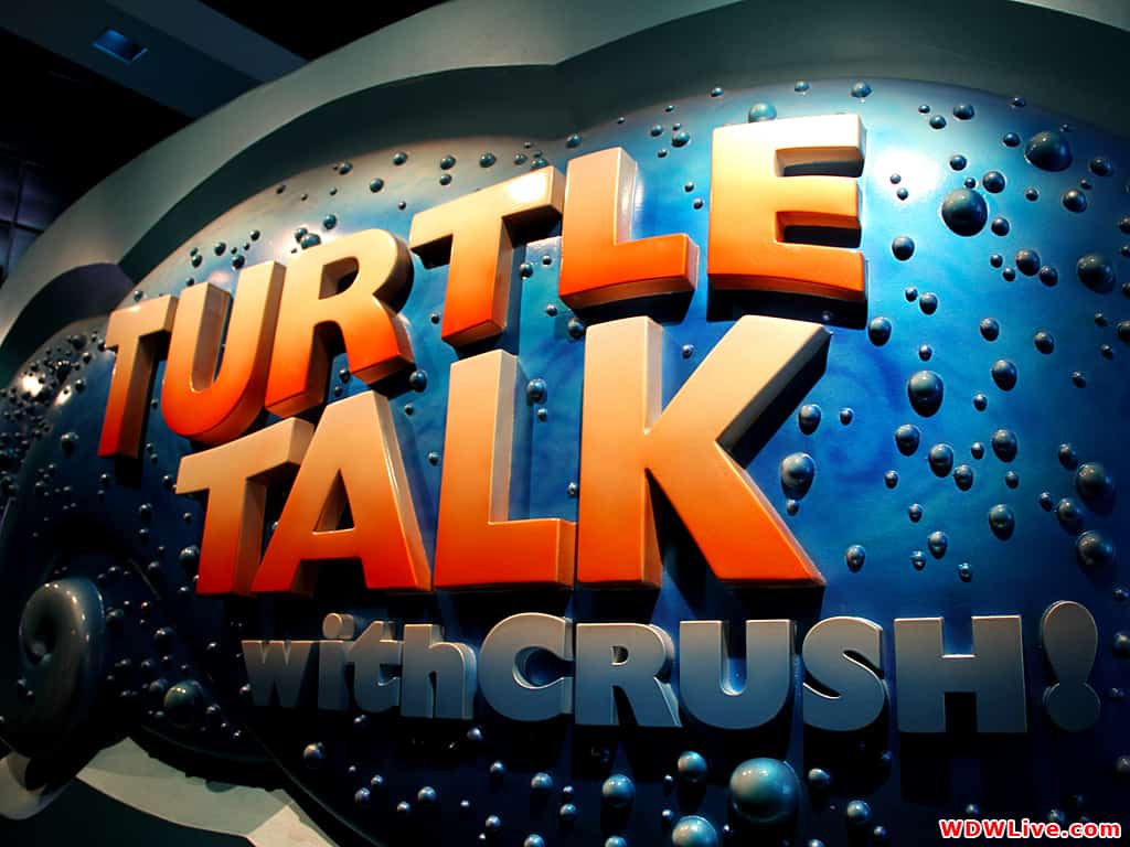 The vibrant "Turtle Talk with Crush!" sign pops against an underwater backdrop, inviting Disney World guests to catch showtimes.