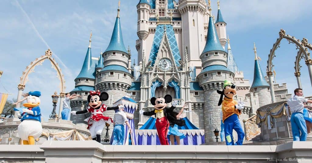Beloved Disney characters dazzle audiences live on stage before Cinderella Castle at Walt Disney World, enchanting your day.