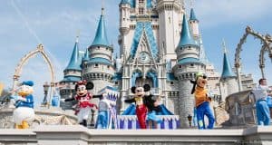 Beloved Disney characters dazzle audiences live on stage before Cinderella Castle at Walt Disney World, enchanting your day.