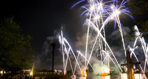 Dazzling fireworks burst over Epcot’s lagoon at Walt Disney World as guests gather to experience the enchanting nighttime show.