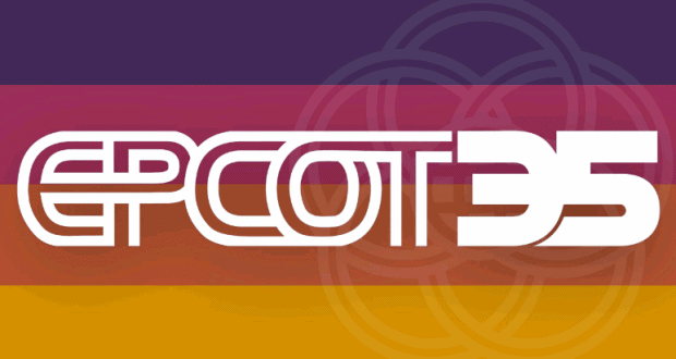 EPCOT 35 logo in white pops against a vibrant purple, red, orange, and yellow striped background with retro Epcot vibes.