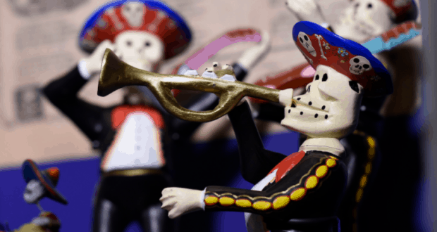 Día de Muertos comes alive at Epcot with festive mariachi skeletons playing instruments in vibrant, celebratory style.