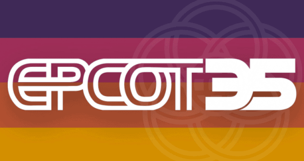 Retro "EPCOT 35" text pops on vibrant stripes with a subtle Epcot logo—celebrating EPCOT's 35th Anniversary at Disney World.