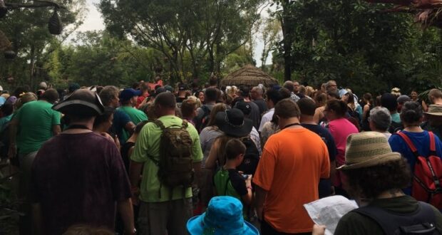 Guests form a long line outdoors at Walt Disney World, surrounded by lush greenery as they wait for their next magical adventure.