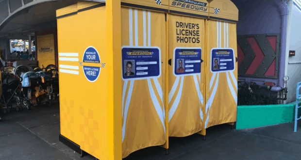 Driver's License Photos booth at Tomorrowland Speedway, perfect for snapping fun memories during your Disney World adventure.