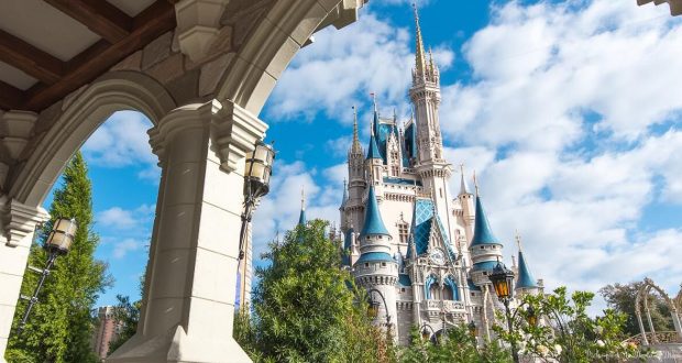 Cinderella Castle at Magic Kingdom, surrounded by lush trees and columns beneath a bright blue sky—pure Disney magic awaits.