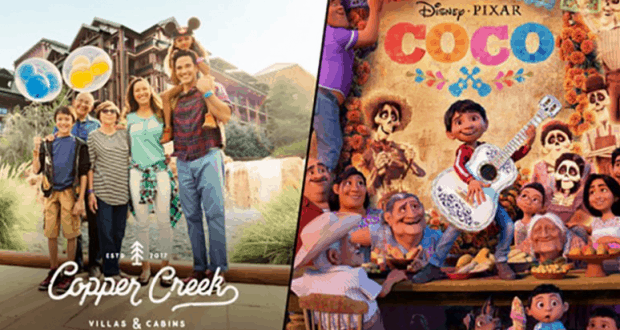 Left: a joyful family vacationing at Copper Creek Villas & Cabins at Disney’s Wilderness Lodge; right: Miguel and Coco characters performing live.